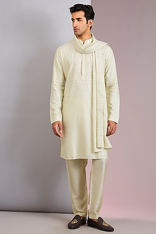 Mint Green Chanderi Silk Kashmiri Embroidered Kurta Set by Vanshik