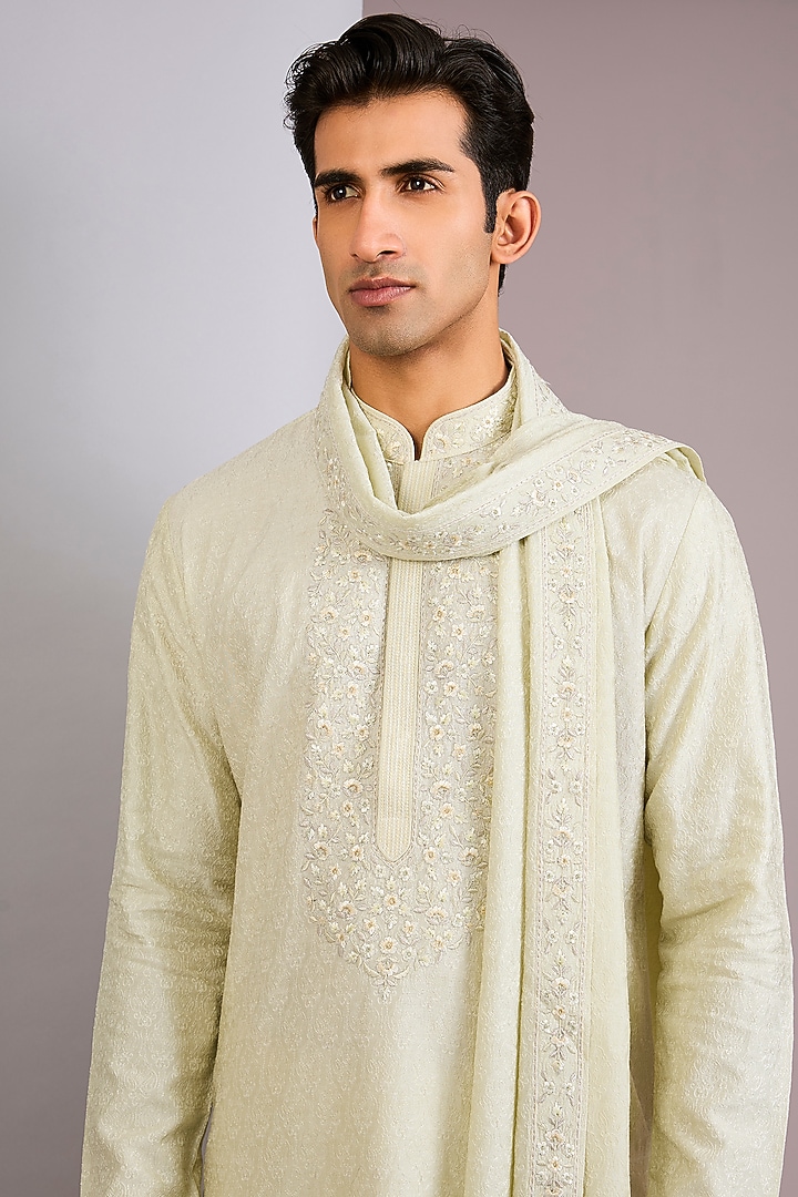 Mint Green Chanderi Silk Kashmiri Embroidered Kurta Set by Vanshik at Pernia's Pop Up Shop