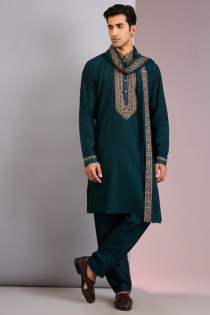 Jade Green Chanderi Silk Gota Embroidered Kurta Set by Vanshik at Pernia's Pop Up Shop