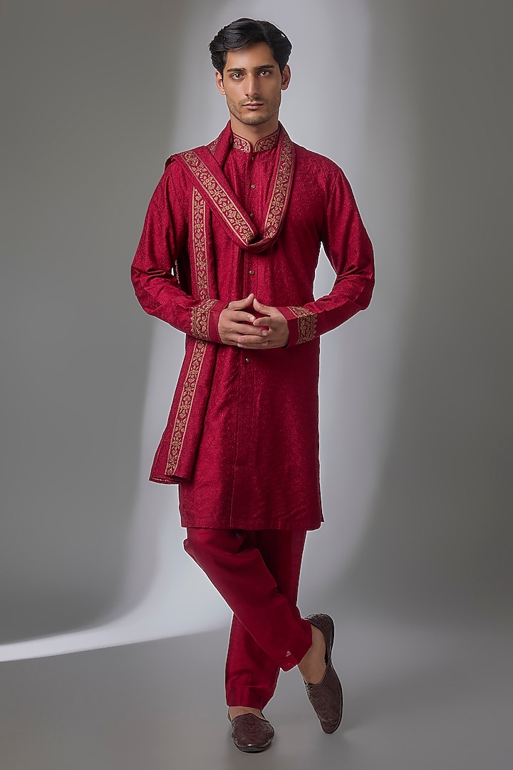 Red Silk Kurta Set by Vanshik at Pernia's Pop Up Shop