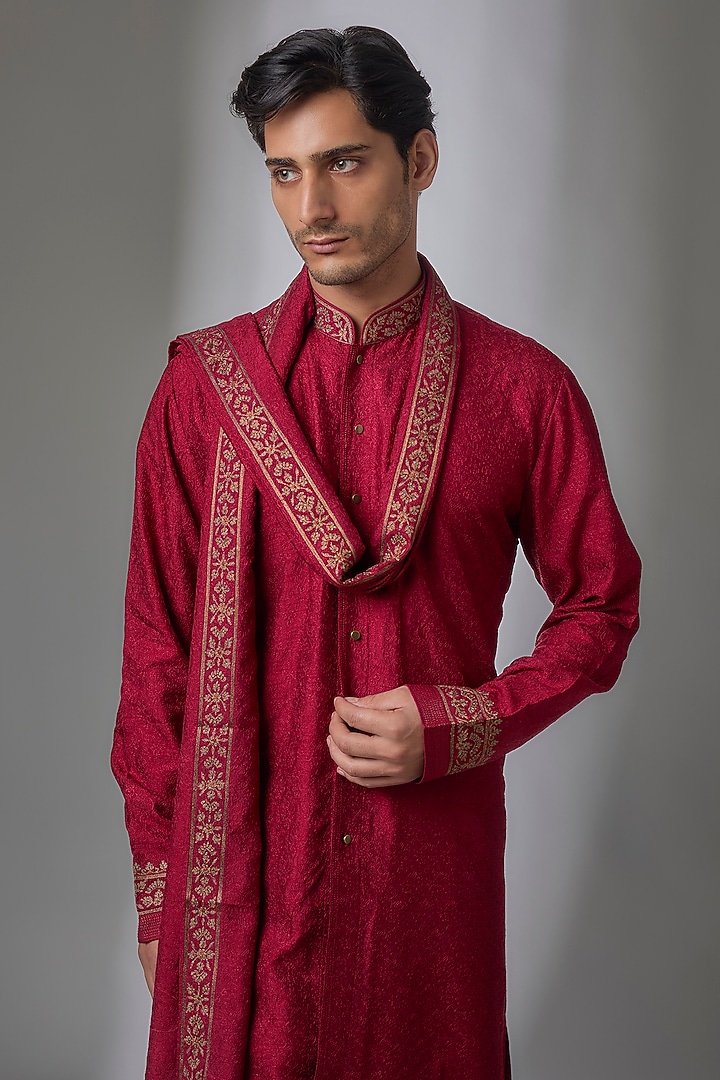 Red Silk Kurta Set by Vanshik at Pernia's Pop Up Shop