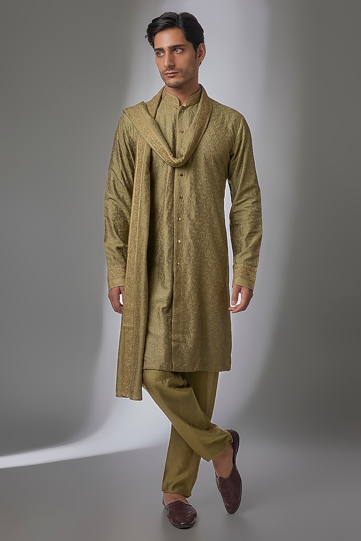 Olive Silk Kurta Set by Vanshik at Pernia's Pop Up Shop