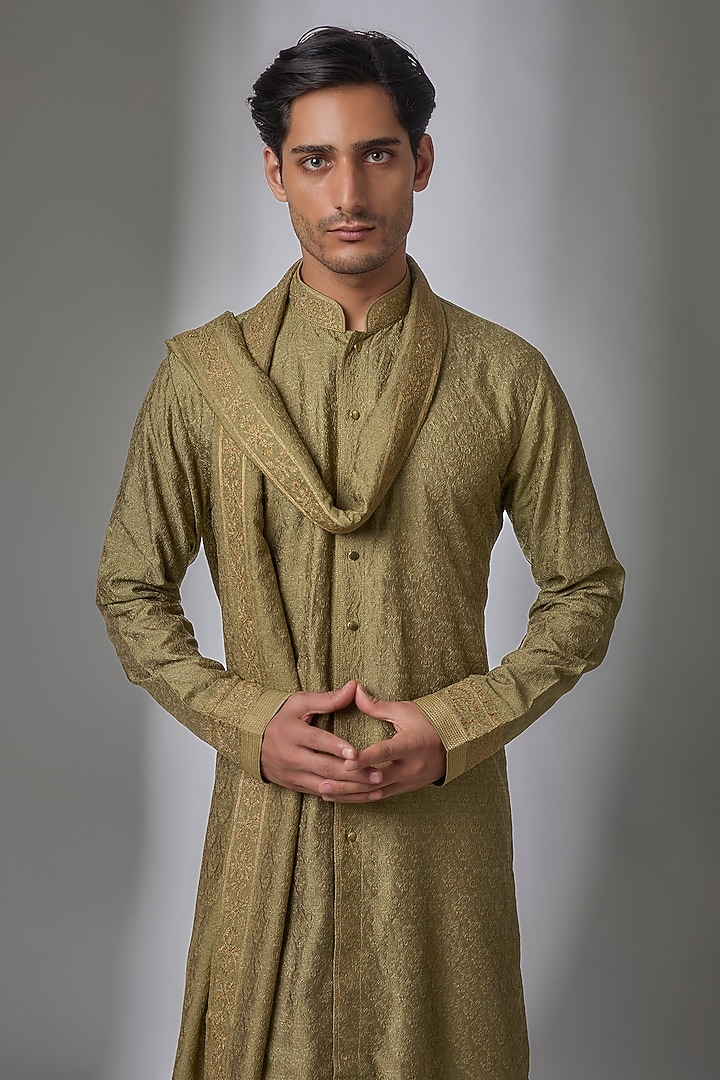 Olive Silk Kurta Set by Vanshik at Pernia's Pop Up Shop