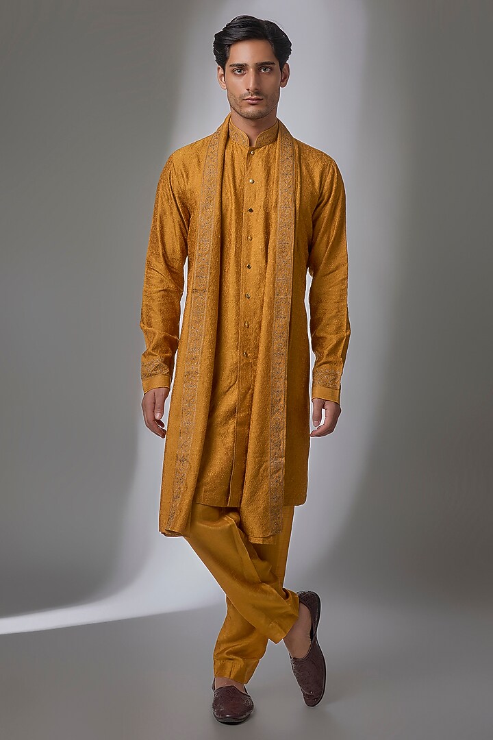 Mustard Silk Kurta Set by Vanshik at Pernia's Pop Up Shop