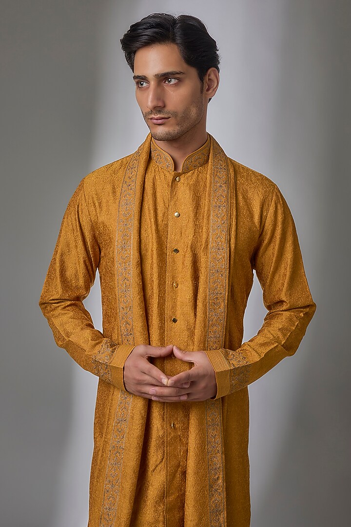 Mustard Silk Kurta Set by Vanshik at Pernia's Pop Up Shop