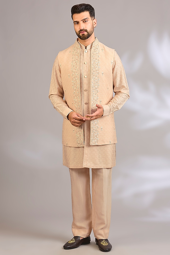 Beige Silk Bundi Jacket Set by Vanshik at Pernia's Pop Up Shop