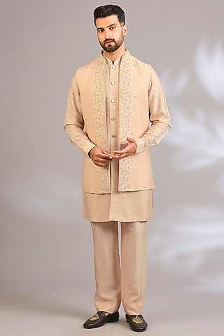 Beige Silk Bundi Jacket Set by Vanshik