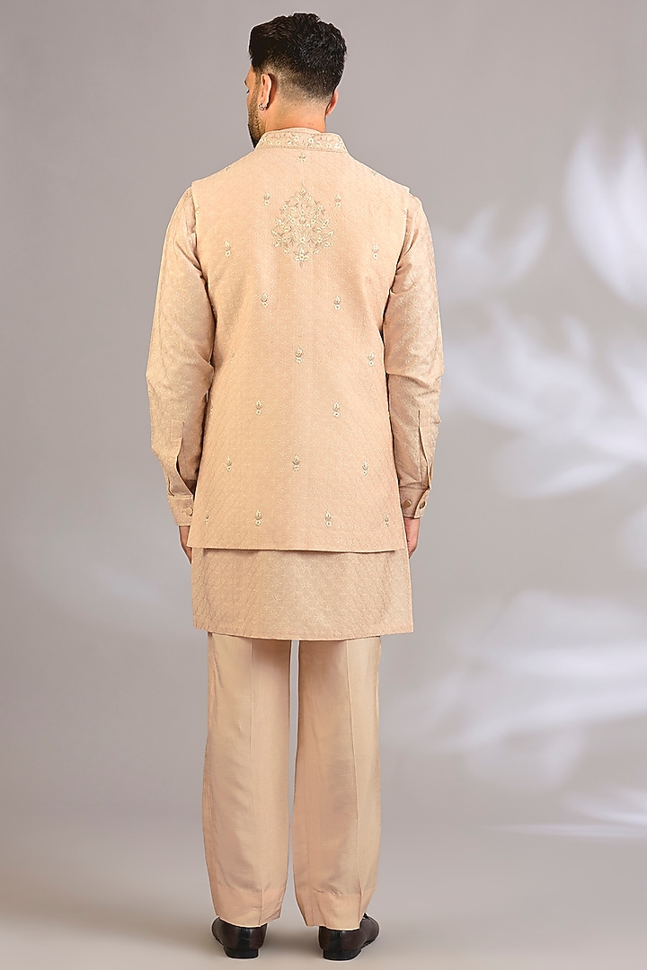 Beige Silk Bundi Jacket Set by Vanshik at Pernia's Pop Up Shop