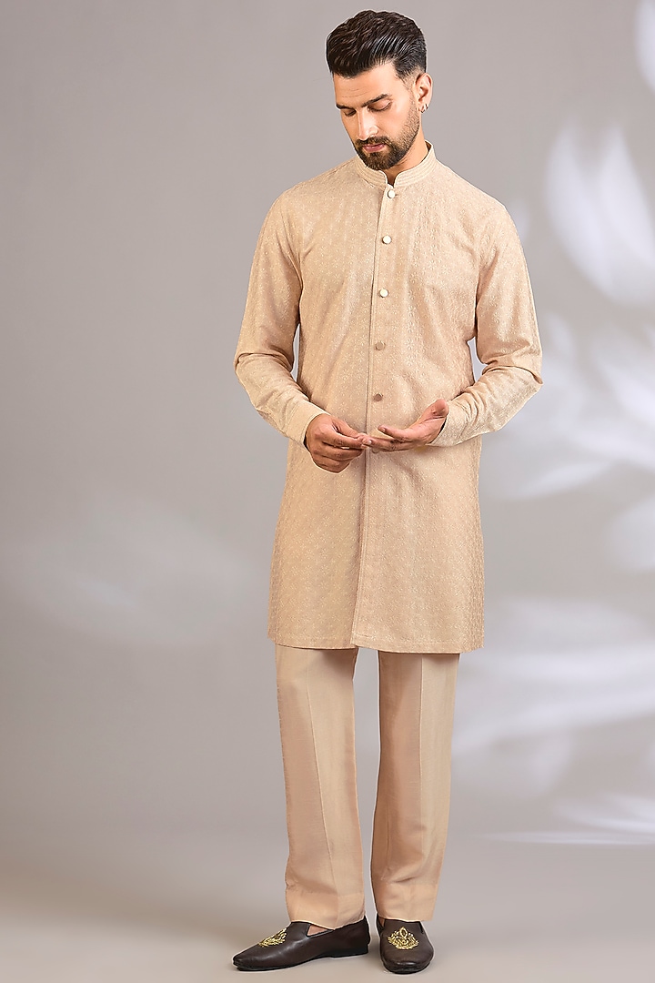 Beige Silk Bundi Jacket Set by Vanshik at Pernia's Pop Up Shop