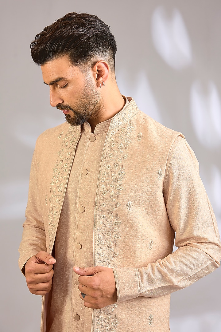 Beige Silk Bundi Jacket Set by Vanshik at Pernia's Pop Up Shop