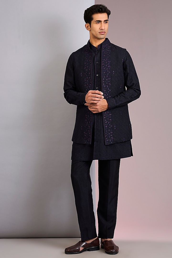 Blue Chanderi Silk Resham Embroidered Bundi Set by Vanshik at Pernia's Pop Up Shop
