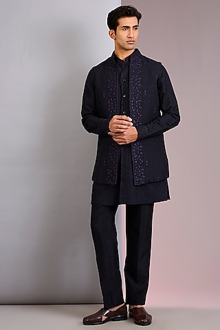 Blue Chanderi Silk Resham Embroidered Bundi Set by Vanshik