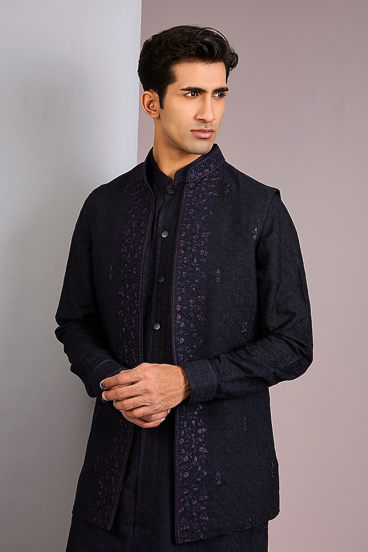 Blue Chanderi Silk Resham Embroidered Bundi Set by Vanshik at Pernia's Pop Up Shop