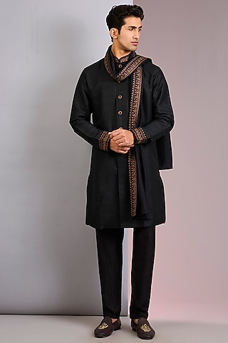 Black Raw Silk Tilla Embroidered Kurta Set by Vanshik