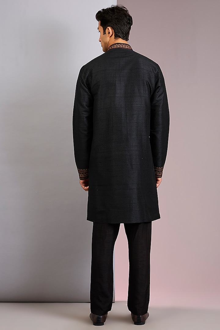 Black Raw Silk Tilla Embroidered Kurta Set by Vanshik at Pernia's Pop Up Shop