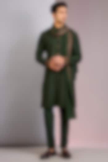 Dark Olive Raw Silk Tilla Embroidered Kurta Set by Vanshik at Pernia's Pop Up Shop