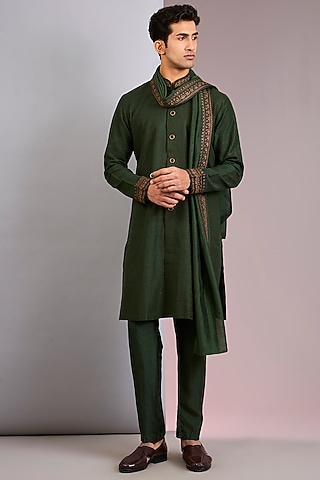 Dark Olive Raw Silk Tilla Embroidered Kurta Set by Vanshik