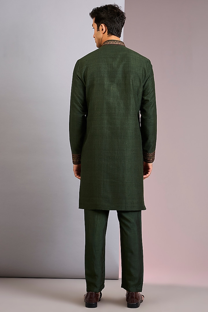 Dark Olive Raw Silk Tilla Embroidered Kurta Set by Vanshik at Pernia's Pop Up Shop