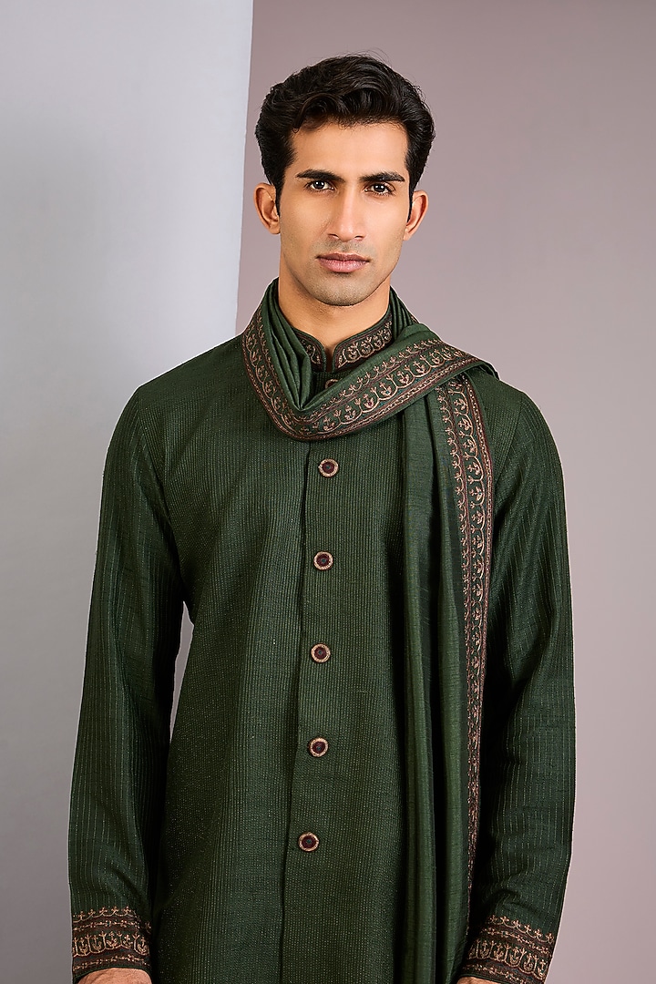 Dark Olive Raw Silk Tilla Embroidered Kurta Set by Vanshik at Pernia's Pop Up Shop