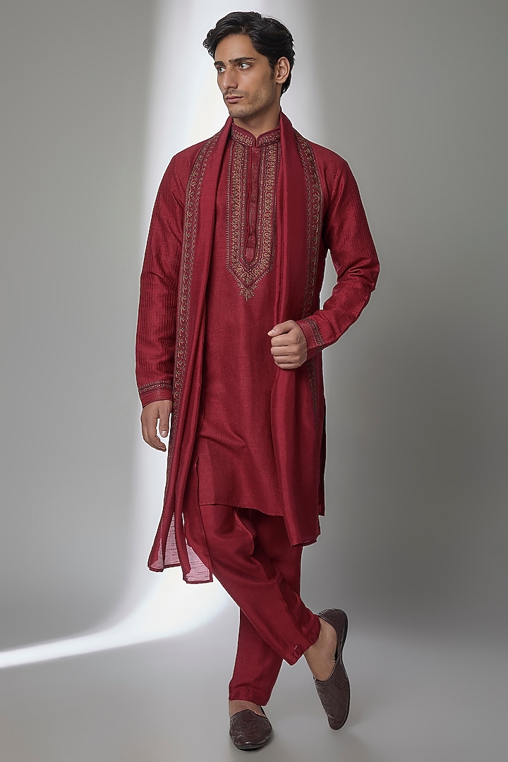 Red Silk Kurta Set by Vanshik at Pernia's Pop Up Shop