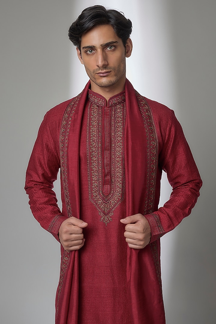 Red Silk Kurta Set by Vanshik at Pernia's Pop Up Shop