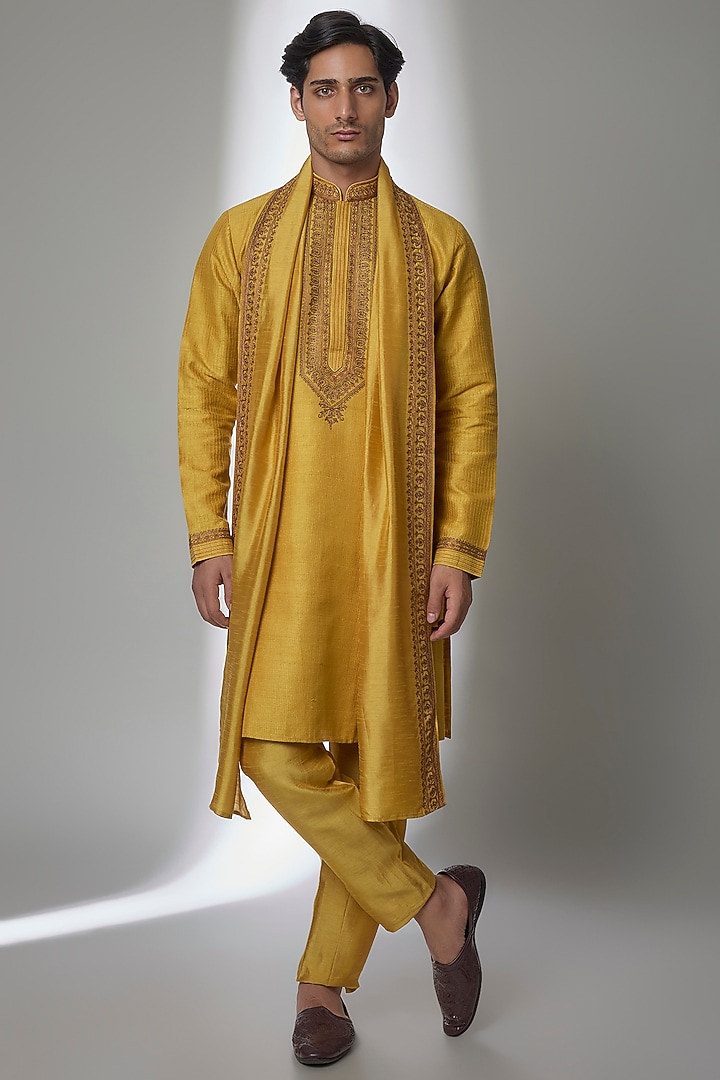 Mustard Silk Kurta Set by Vanshik at Pernia's Pop Up Shop