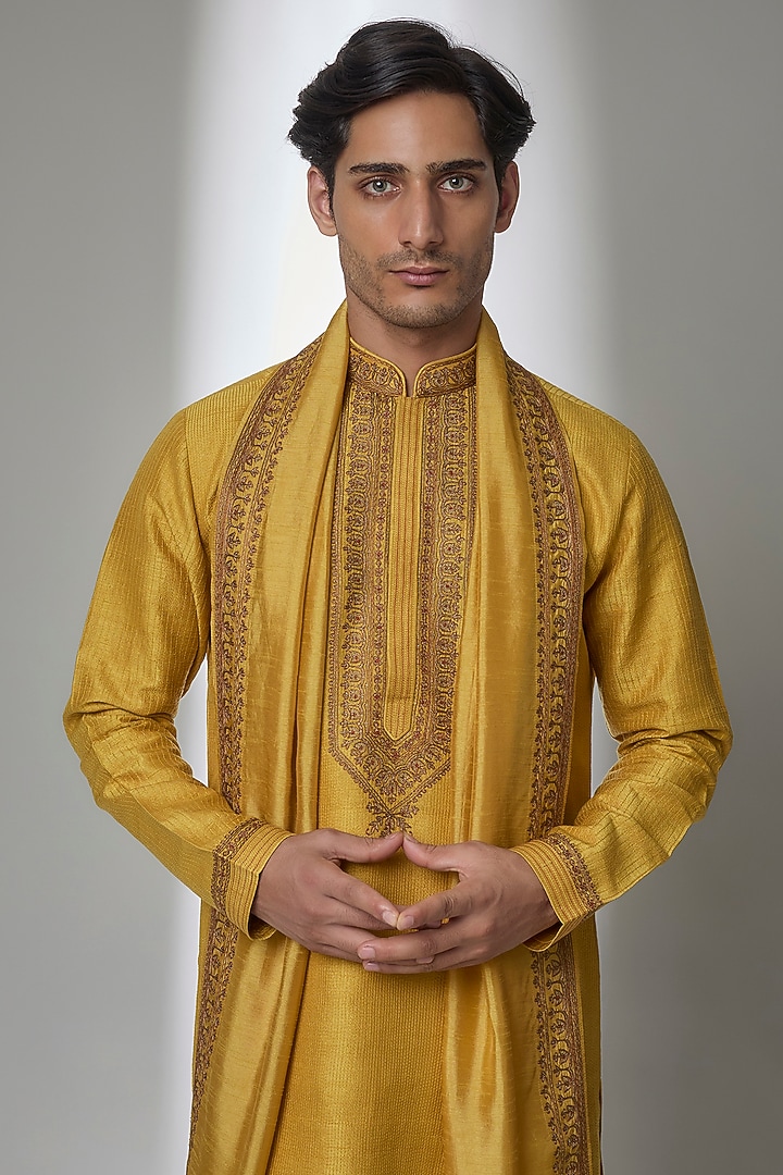Mustard Silk Kurta Set by Vanshik at Pernia's Pop Up Shop