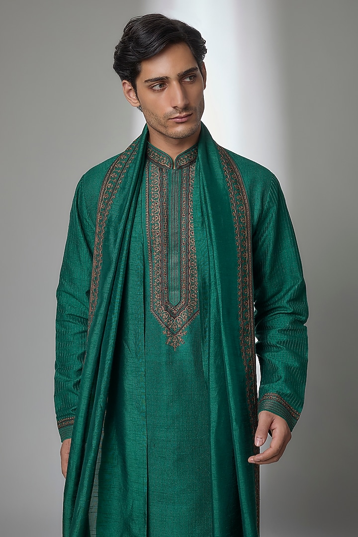 Jade Silk Kurta Set by Vanshik at Pernia's Pop Up Shop
