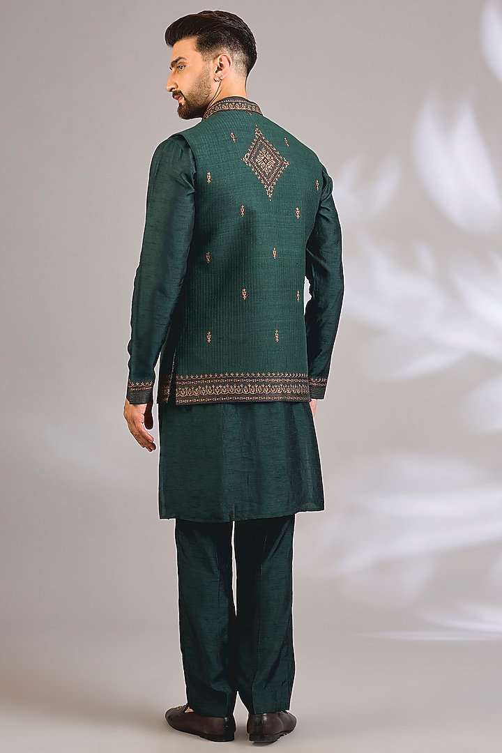 Teal Silk Bundi Jacket Set by Vanshik at Pernia's Pop Up Shop