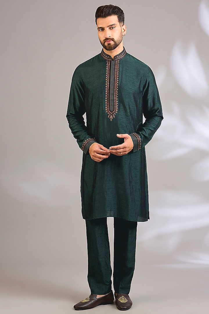 Teal Silk Bundi Jacket Set by Vanshik at Pernia's Pop Up Shop