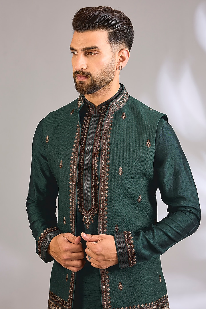Teal Silk Bundi Jacket Set by Vanshik at Pernia's Pop Up Shop
