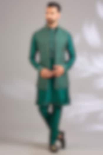 Dark Green Silk Bundi Jacket Set by Vanshik at Pernia's Pop Up Shop