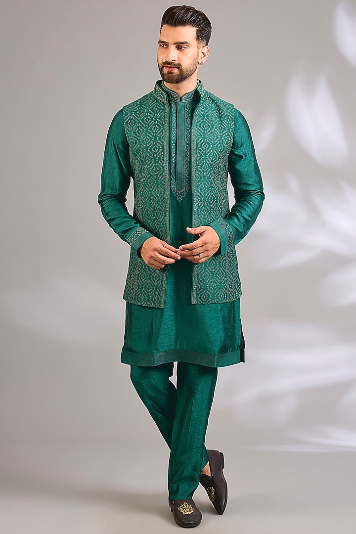Dark Green Silk Bundi Jacket Set by Vanshik at Pernia's Pop Up Shop