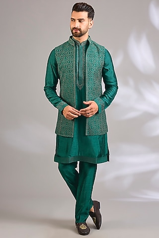 Dark Green Silk Bundi Jacket Set by Vanshik