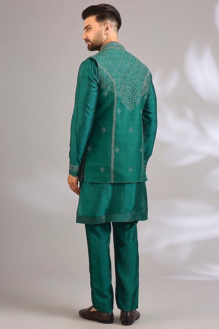 Dark Green Silk Bundi Jacket Set by Vanshik at Pernia's Pop Up Shop