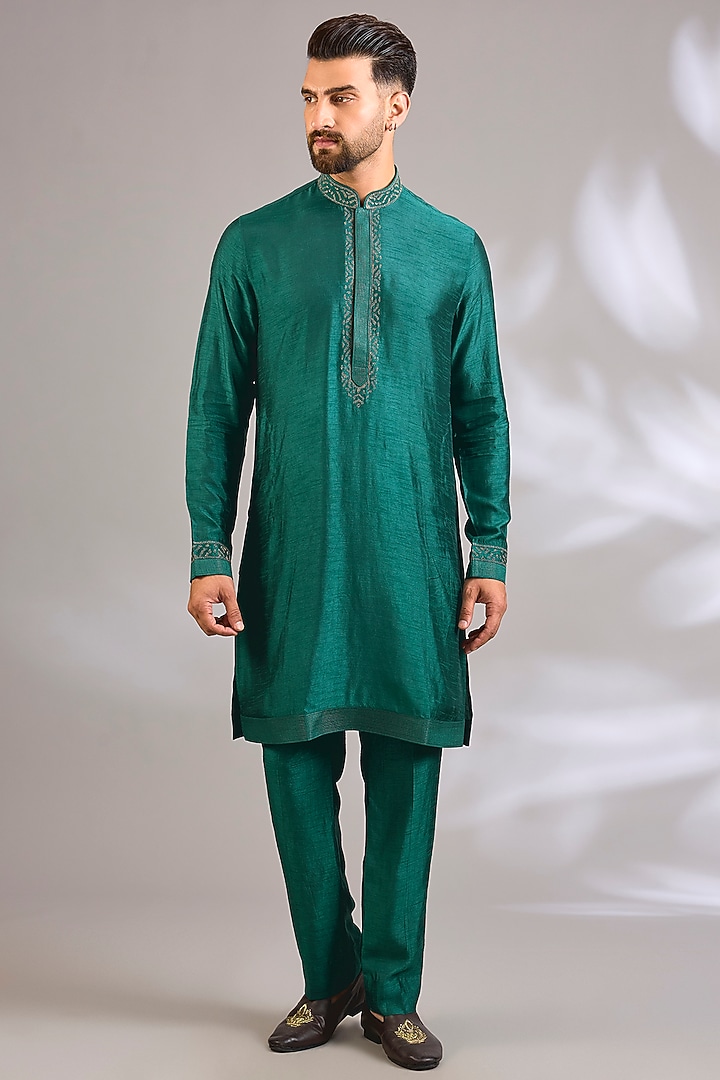 Dark Green Silk Bundi Jacket Set by Vanshik at Pernia's Pop Up Shop