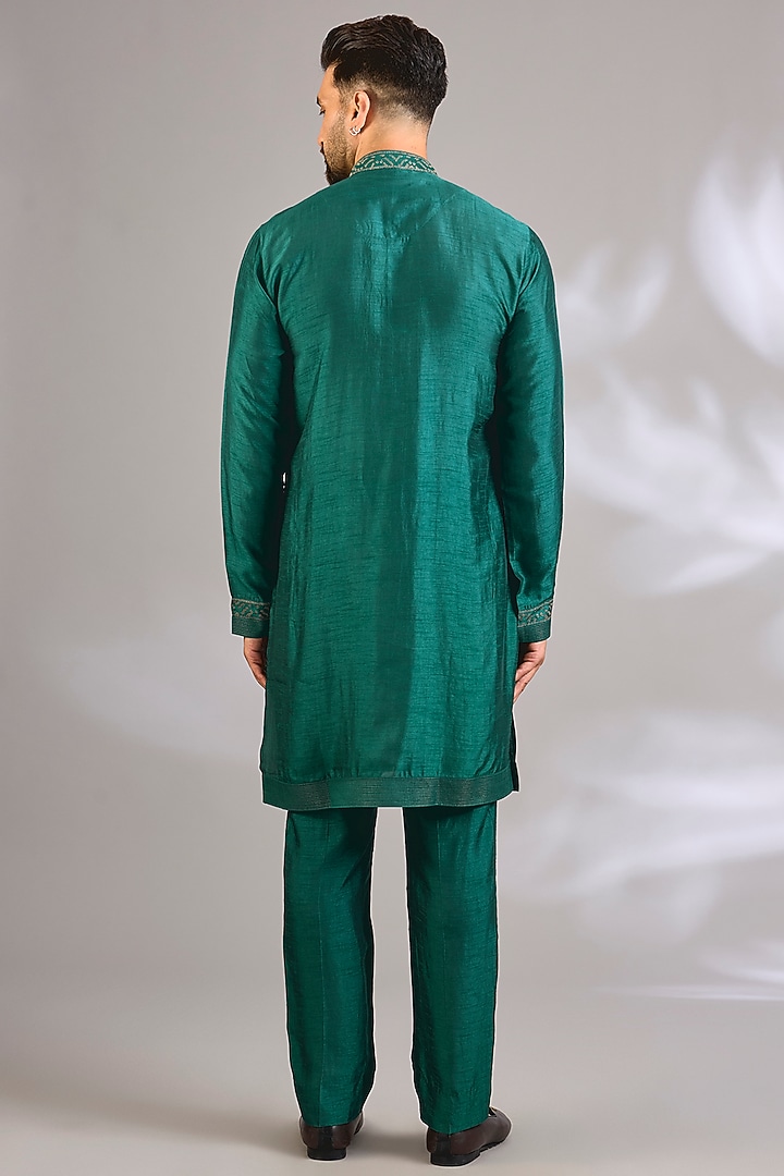 Dark Green Silk Bundi Jacket Set by Vanshik at Pernia's Pop Up Shop