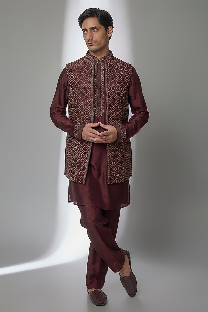 Maroon Silk Bundi Jacket Set by Vanshik at Pernia's Pop Up Shop