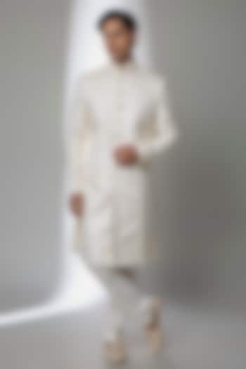 Pearl-Colored Silk Groom Sherwani Set by Vanshik at Pernia's Pop Up Shop