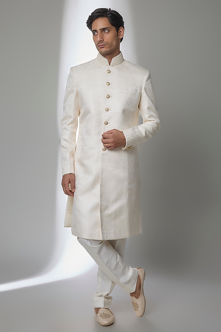 Pearl-Colored Silk Groom Sherwani Set by Vanshik at Pernia's Pop Up Shop
