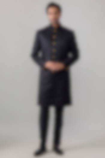 Black Jamevar Silk Groom Sherwani Set by Vanshik at Pernia's Pop Up Shop