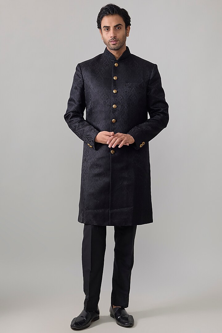 Black Jamevar Silk Groom Sherwani Set by Vanshik at Pernia's Pop Up Shop
