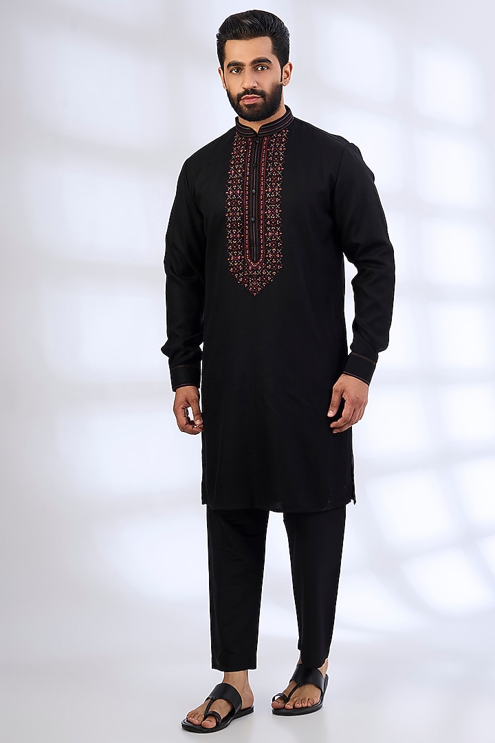 Black Silk Kurta Set by Vanshik at Pernia's Pop Up Shop
