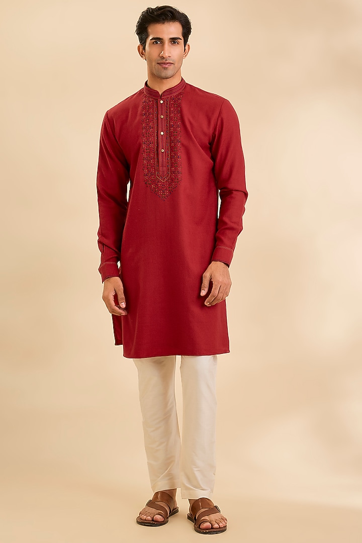 Red Silk Kurta Set by Vanshik at Pernia's Pop Up Shop