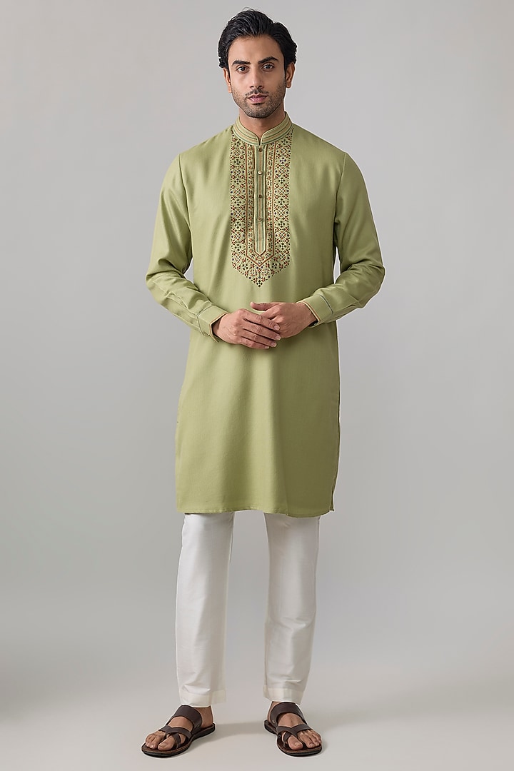 Olive Silk Kurta Set by Vanshik at Pernia's Pop Up Shop