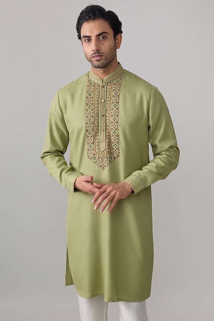 Olive Silk Kurta Set by Vanshik at Pernia's Pop Up Shop