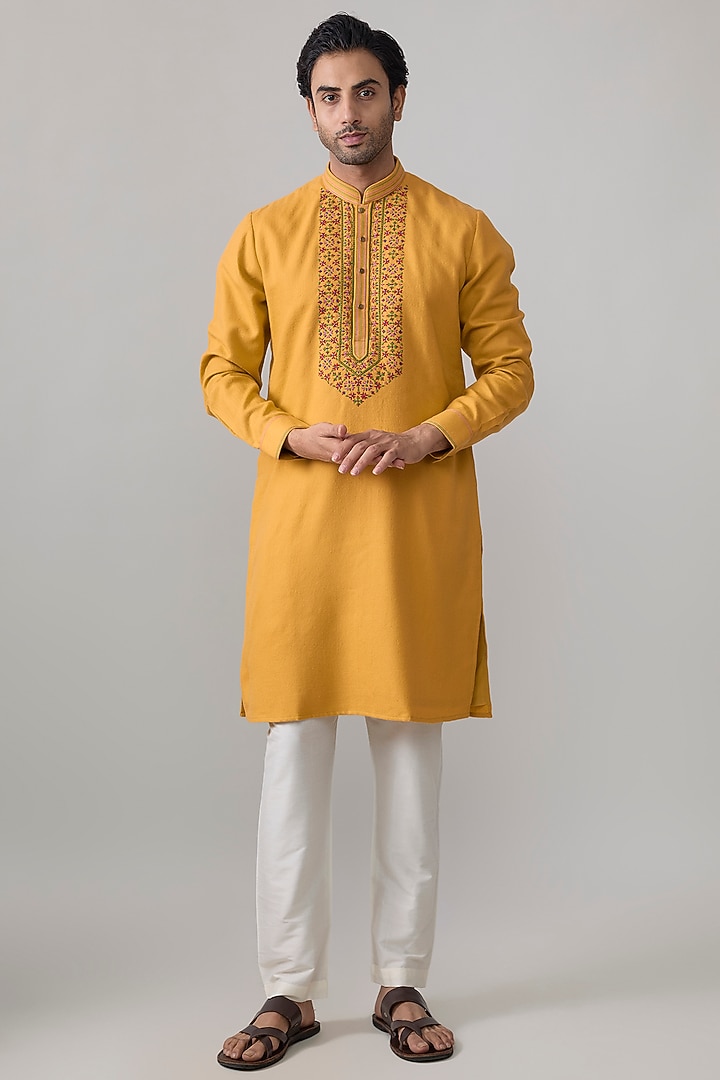 Mustard Silk Kurta Set by Vanshik at Pernia's Pop Up Shop