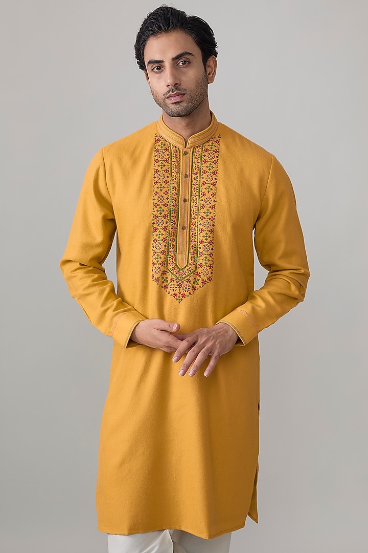 Mustard Silk Kurta Set by Vanshik at Pernia's Pop Up Shop