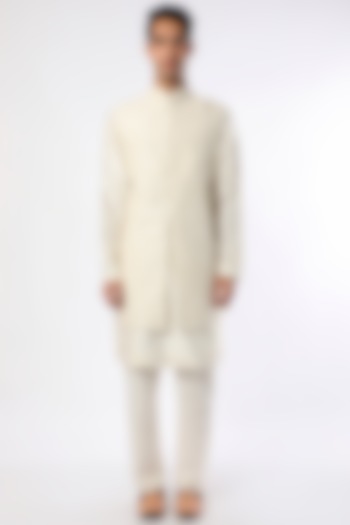 Cream Raw Silk Nehru Jacket Set by Vanshik