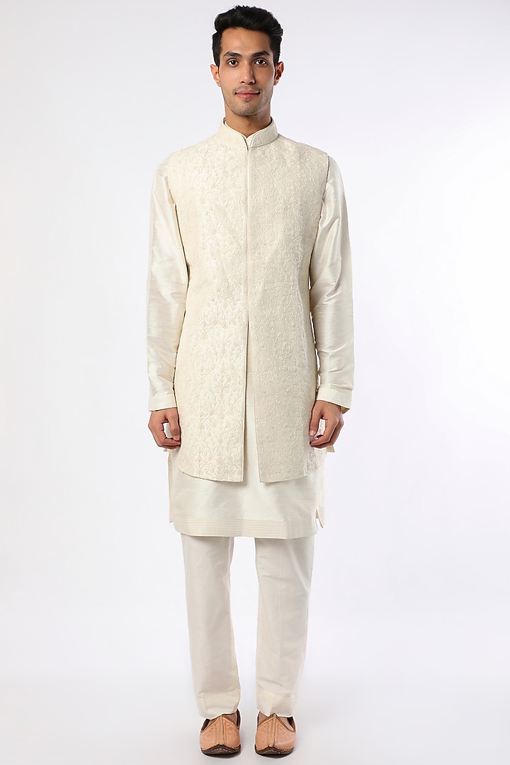 Cream Raw Silk Nehru Jacket Set by Vanshik